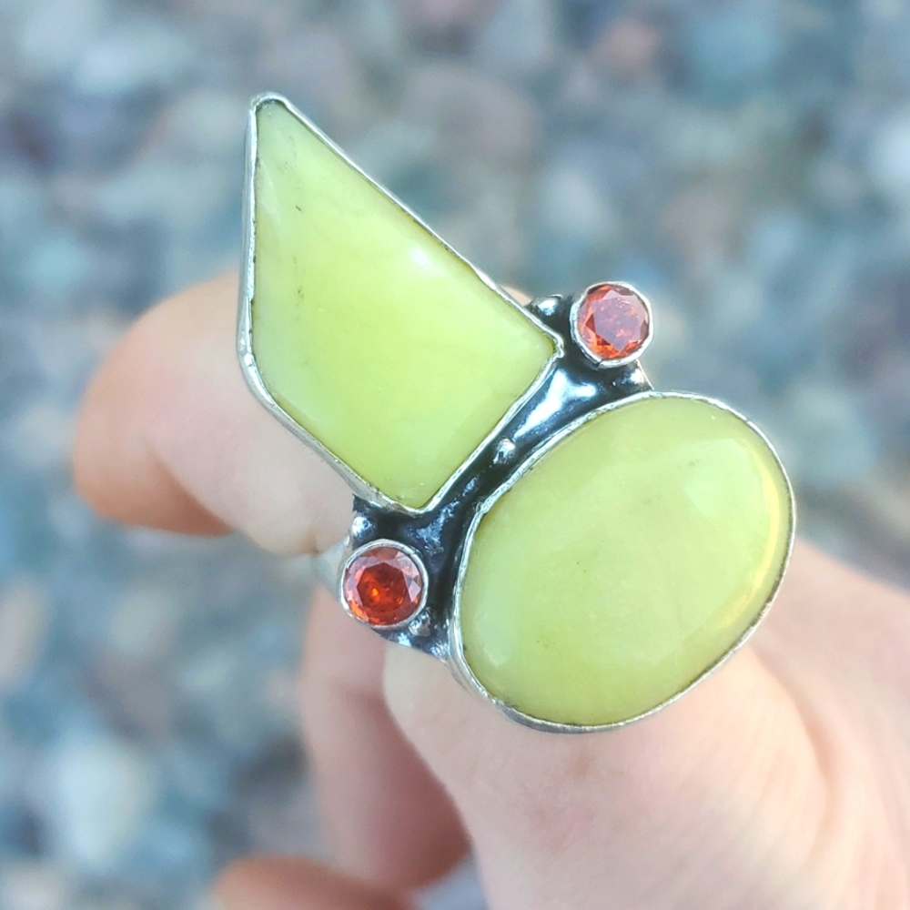 New Yellow Agate & Garnet 925 Silver Statement Ring.